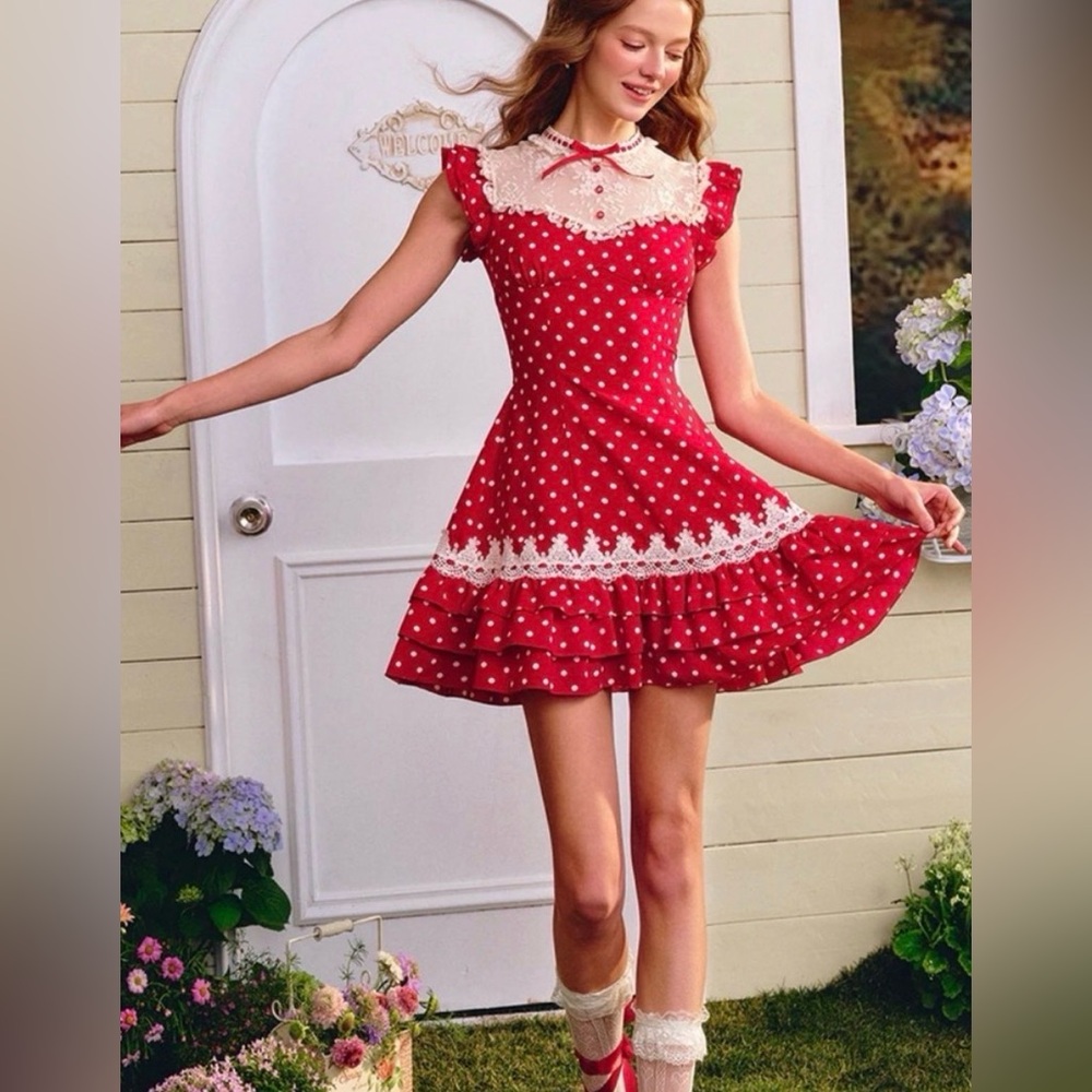 NWT Lacemade Nini Fairy Tale red Polka Dot Lace Trim Dress